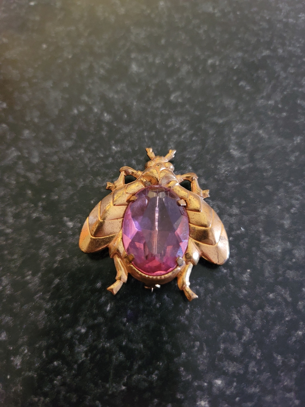 Vintage Gold Tone Bee Brooch with Purple Gemstone 1970's